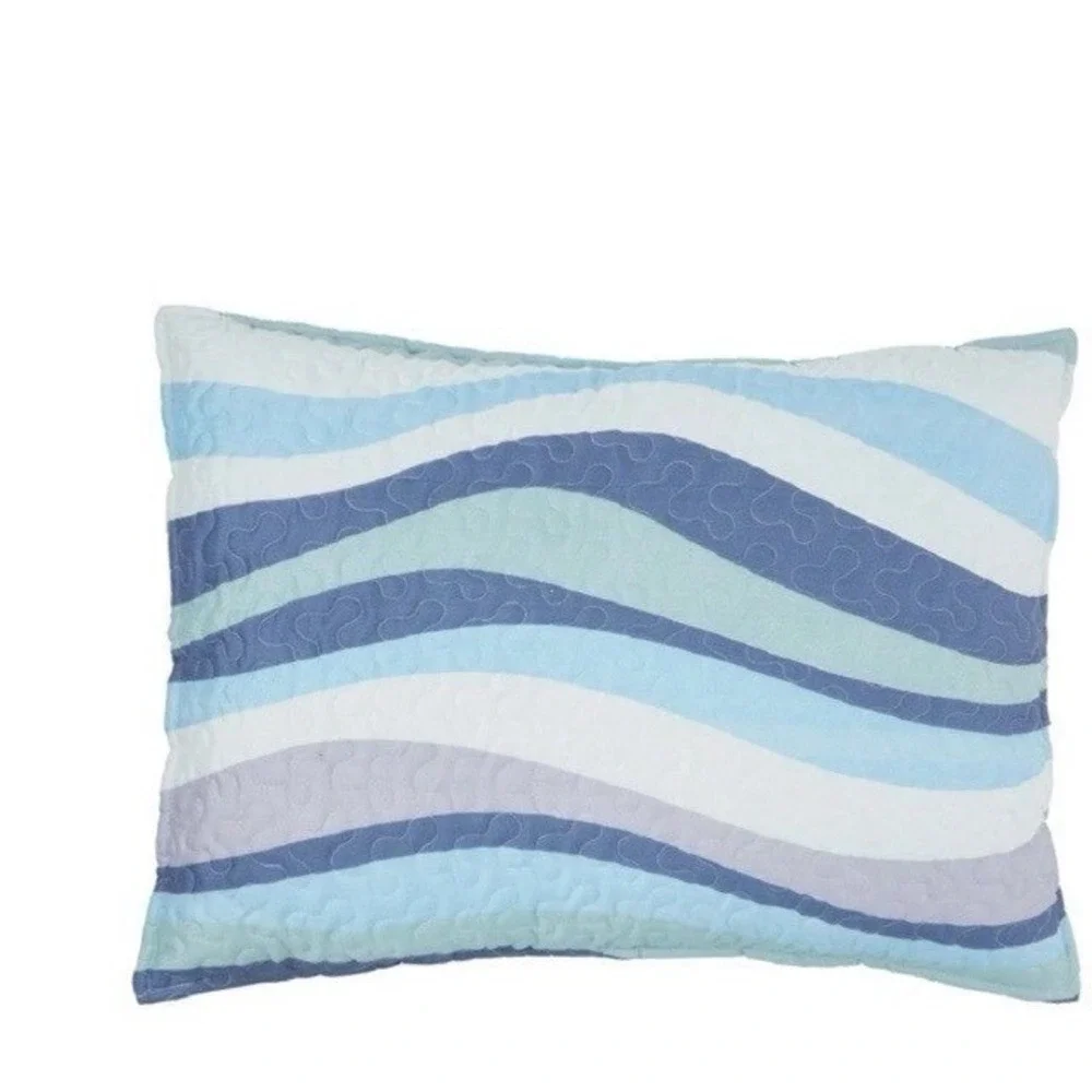 Sea Waves Blue White Quilt Set Twin Ocean Reversible Coastal Comforter Shams